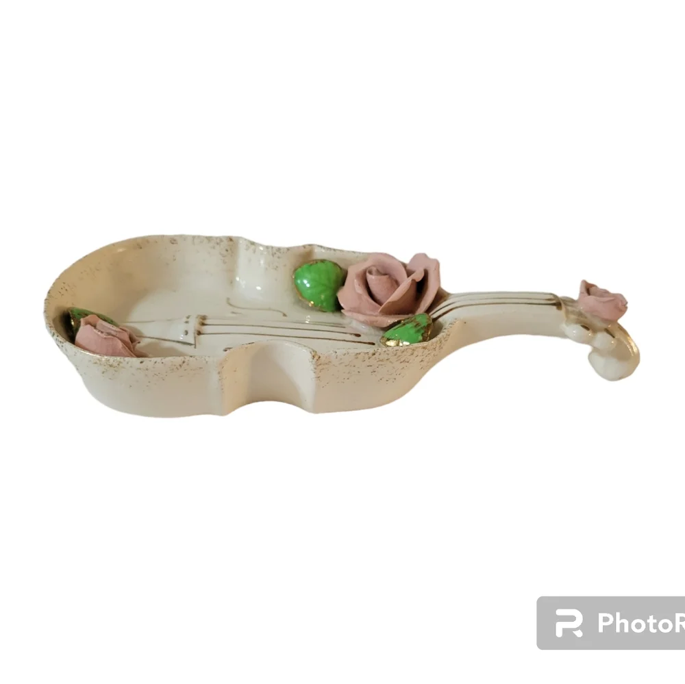 Vintage Lefton Violin Chello Trinket Dish Roses